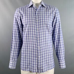TOM FORD Size L Blue White Plaid Cotton Curved Cutaway Long Sleeve Shirt